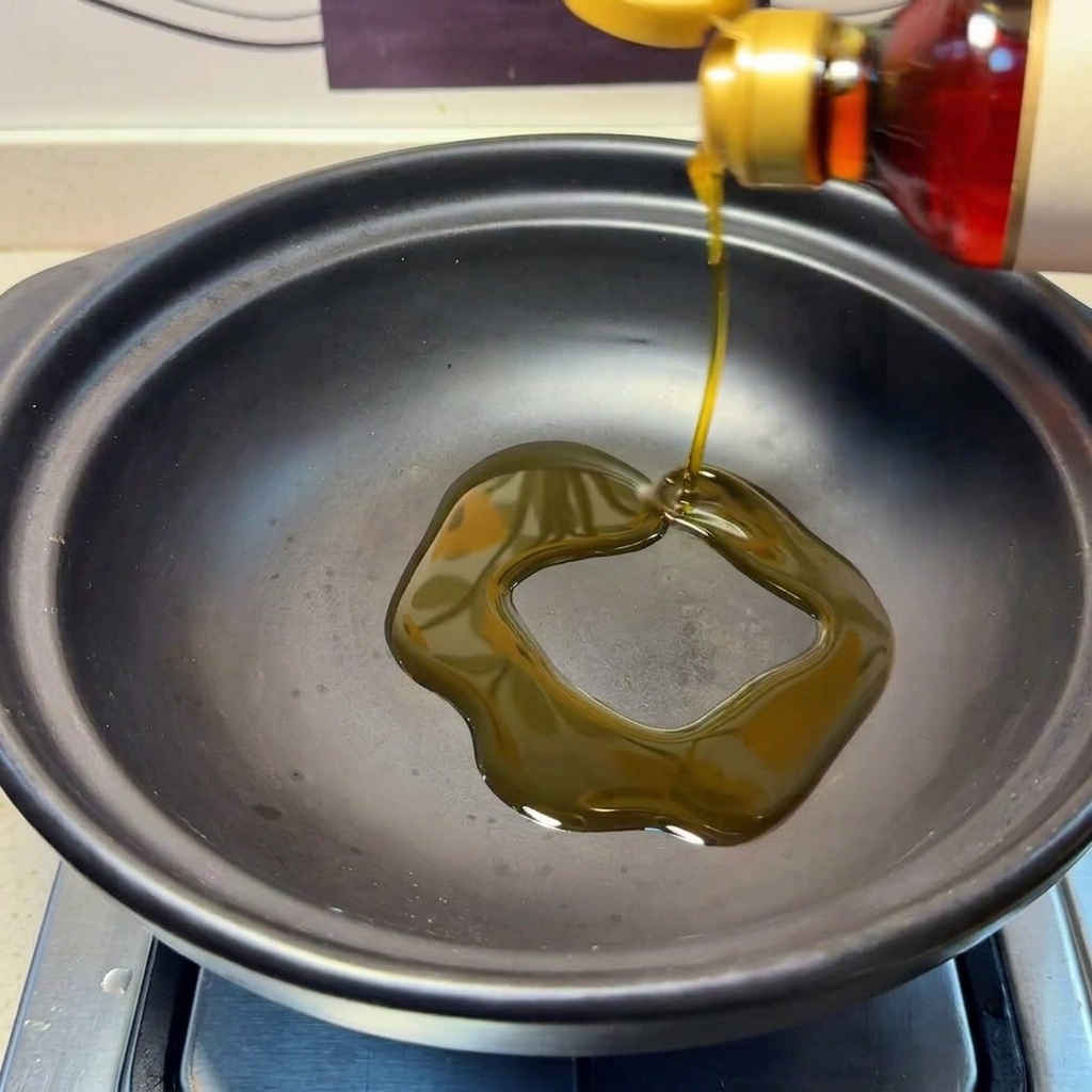 Ingwerscheiben braten in aromatischem Sesamöl in einem dunklen Tontopf.