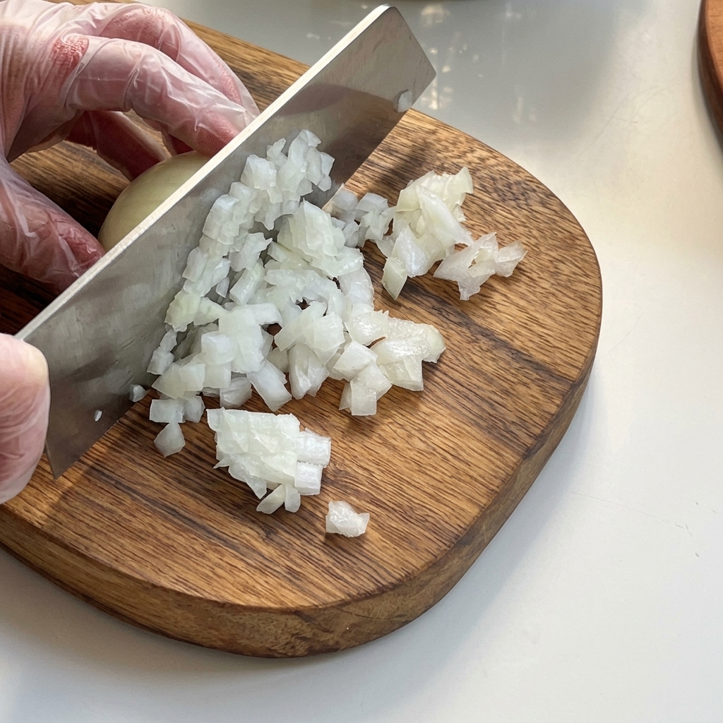 Kleine, gleichmäßige Würfel von Zwiebel, Kartoffel und Sellerie auf einem Holzschneidebrett.