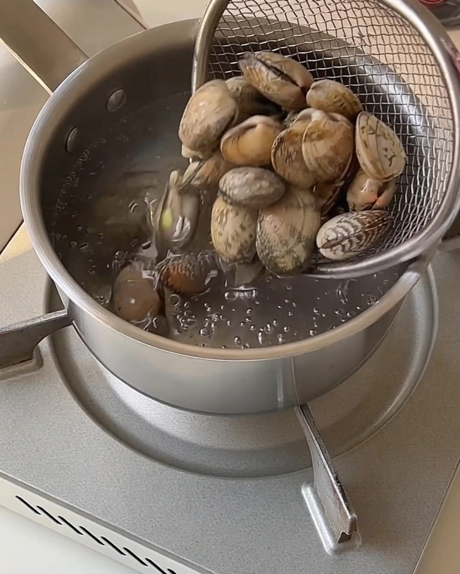 Venusmuscheln in einem Sieb, die aus einem Topf mit kochendem Wasser gehoben werden.