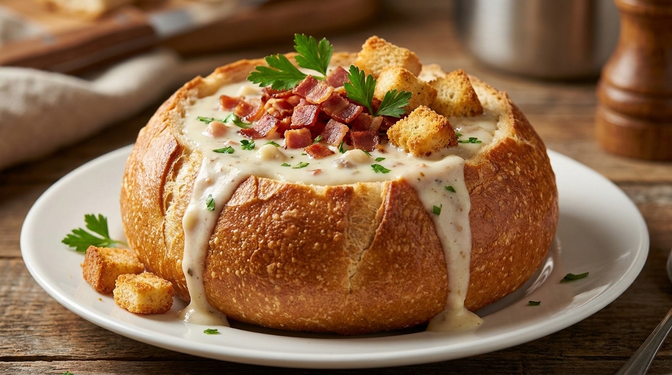 Klassische cremige Clam Chowder im Brotlaib