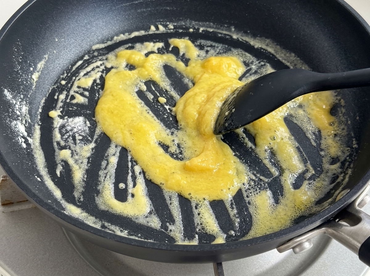 Schlagsahne und Milch werden über die gekochte Mehlschwitze in die Pfanne gegossen.