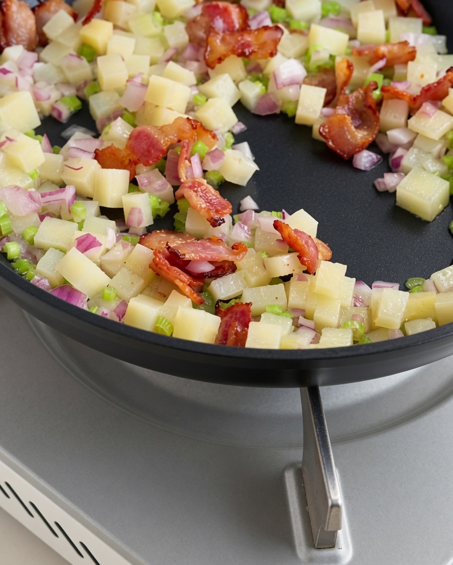 Muschelbrühe wird in eine Pfanne mit gehacktem Gemüse und Speck gegossen.