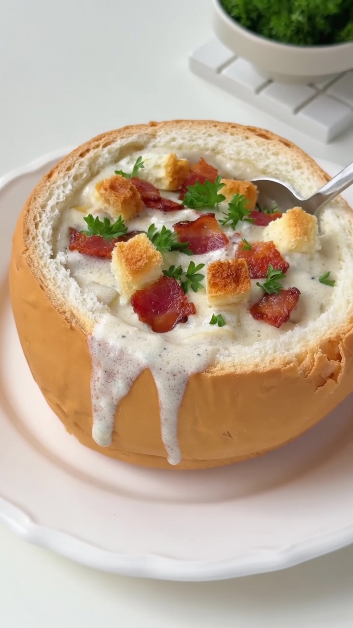 Schwarze Trüffel Clam Chowder im Sauerteig-Brotlaib