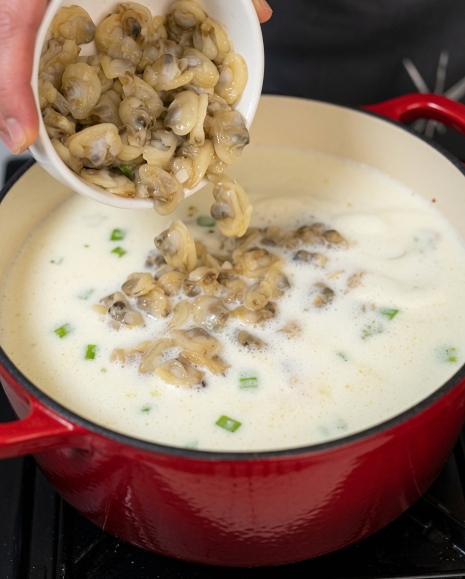 Kartoffeln und Muscheln werden der köchelnden, cremigen Chowder-Mischung im Schmortopf hinzugefügt.