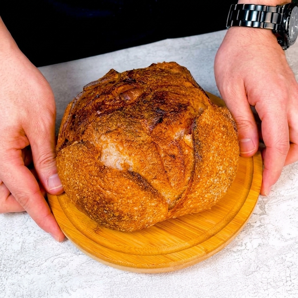 Ein Messer schneidet eine kreisförmige Öffnung in die Oberseite eines knusprigen, runden Sauerteiglaibs.
