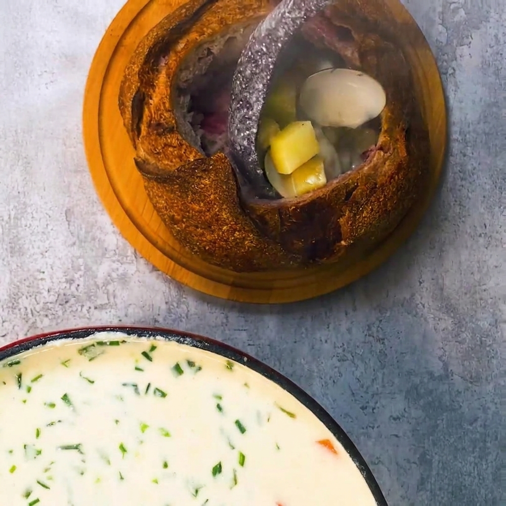 Cremige Clam Chowder wird auf einem Holzbrett in einen ausgehöhlten Sauerteig-Brotlaib geschöpft.