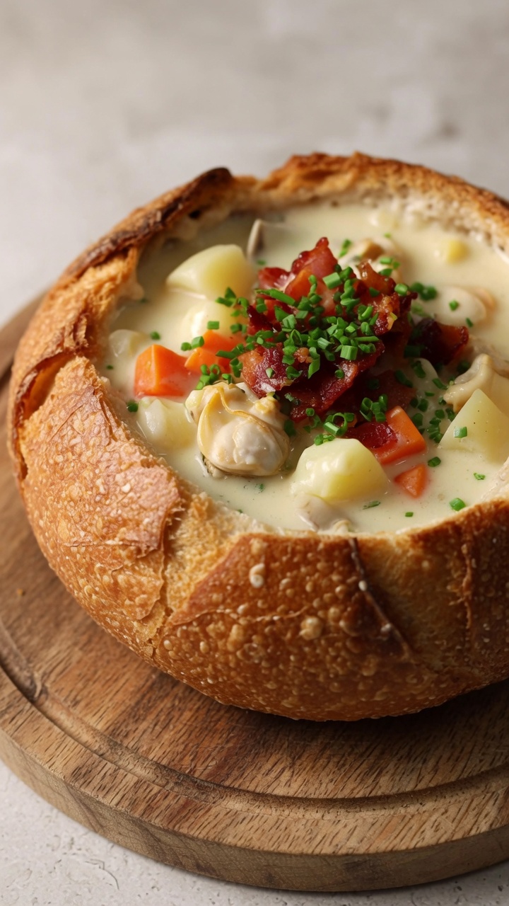 Klassische New England Clam Chowder im Brotlaib