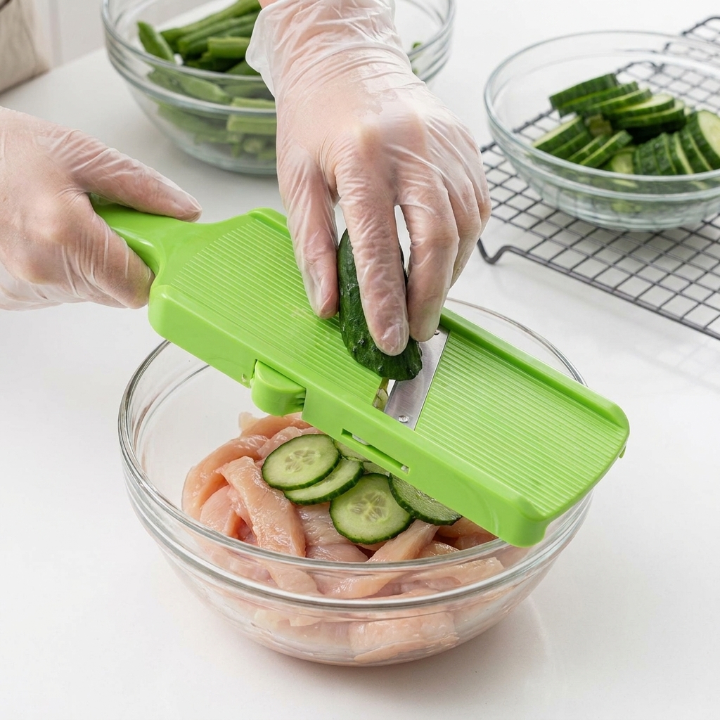 Ein roher Hähnchenstreifen wird spiralförmig um ein Stück Okra gewickelt.
