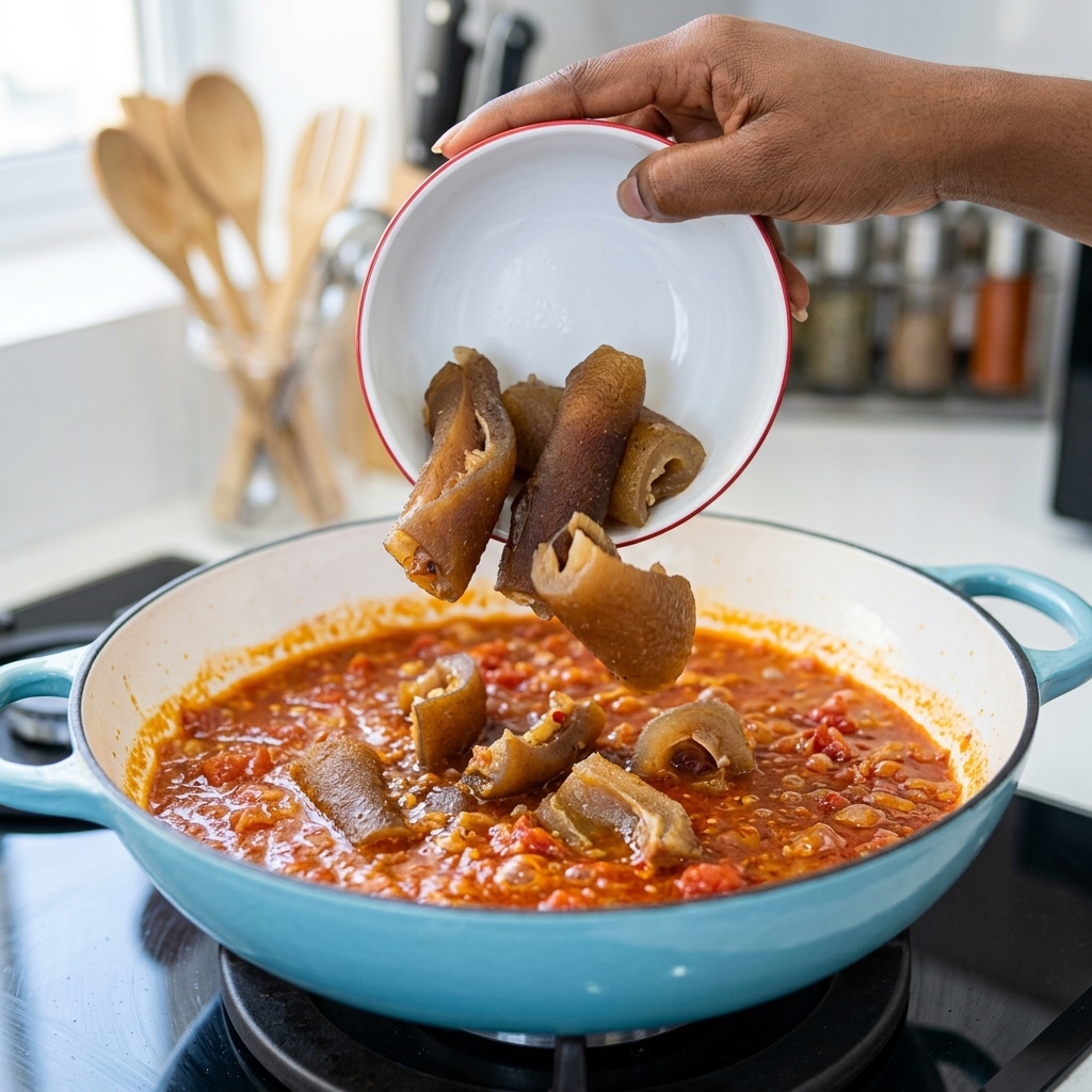 Verschiedene Stücke von Trockenfleisch und Fisch werden in den Topf gegeben.