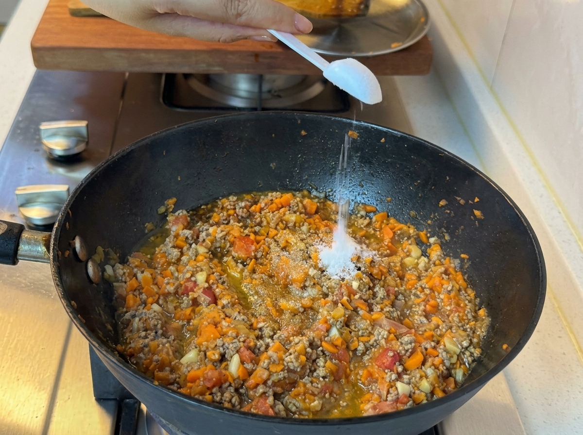 Hinzufügen von Gewürzen in die Pfanne mit der Rindfleisch-Gemüse-Mischung.