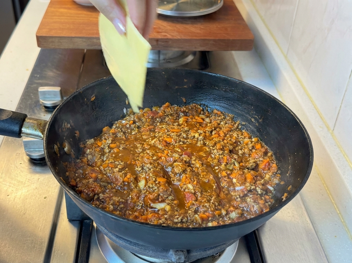 Käsescheiben schmelzen in der Rindfleisch-Tomaten-Sauce in der Pfanne.