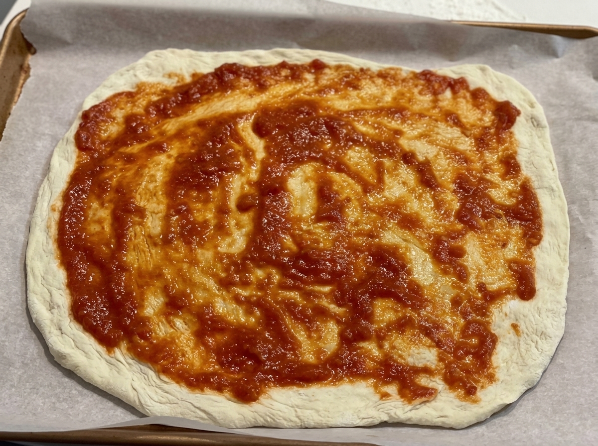 Tomatensauce wird mit einem Löffel gleichmäßig auf dem Pizzateig verteilt.