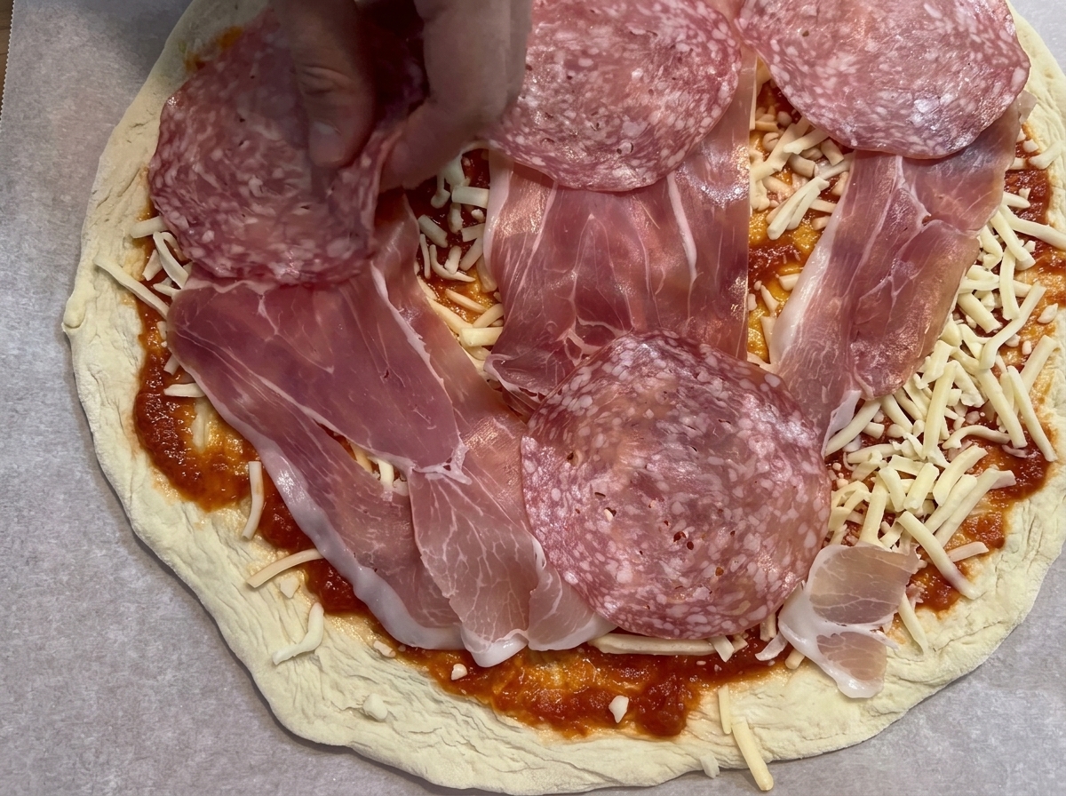 Salami- und Prosciuttoscheiben werden auf der mit Käse bedeckten Pizza angeordnet.