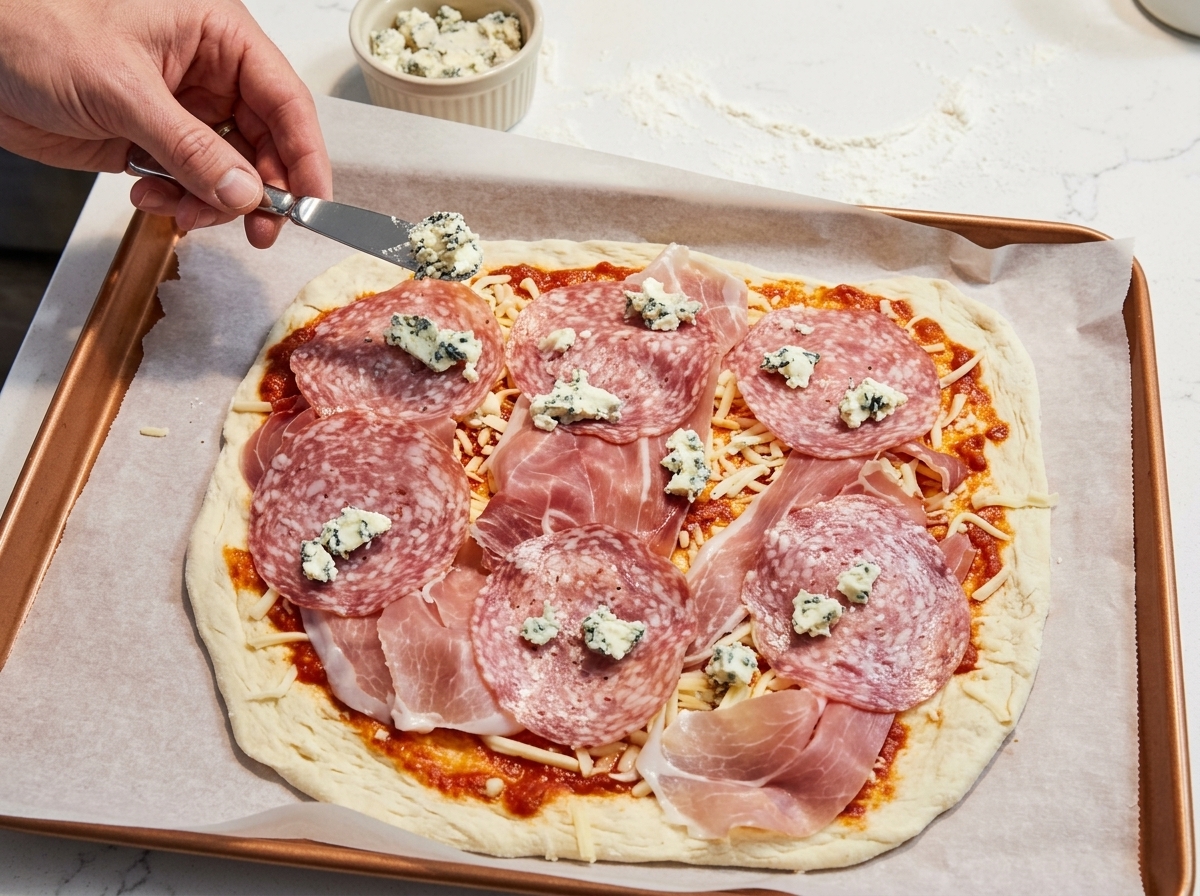 Kleine, gleichmäßige Kleckse von Ziegenkäse werden mit einem Messer auf der Pizza platziert.