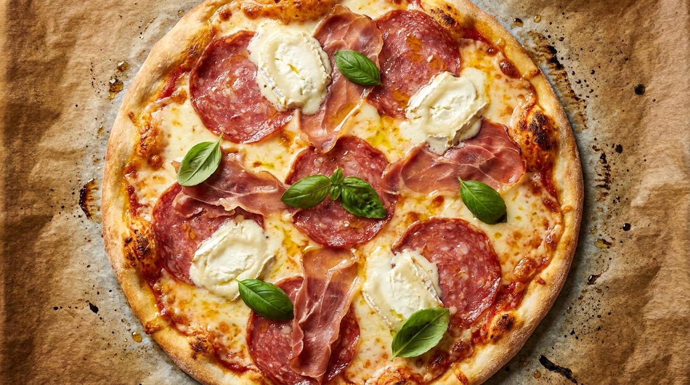 Artisane Ziegenkäse- und Fleischpizza
