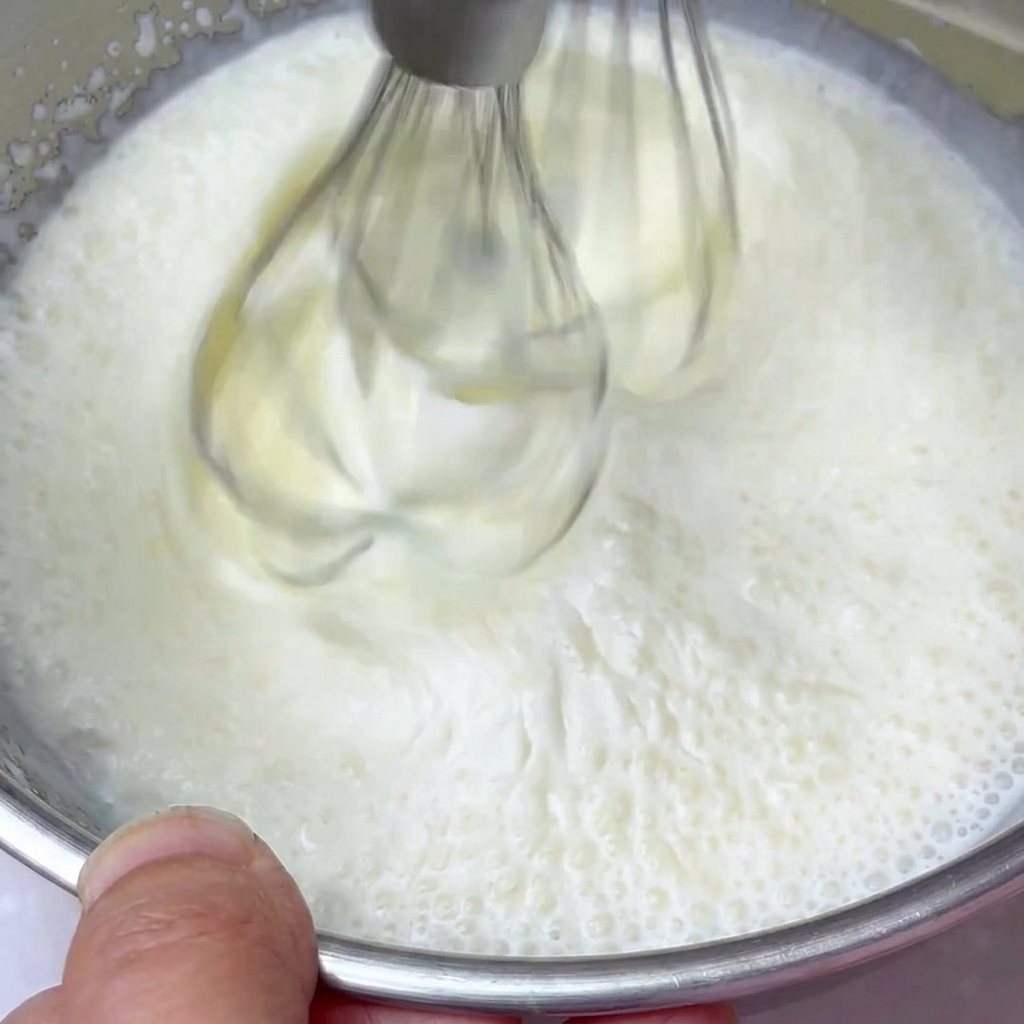 Sahne wird in einer Schüssel mit einem Handmixer steif geschlagen.