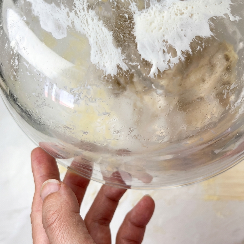 Der aufgegangene Pizzateig liegt auf einer bemehlten Arbeitsfläche und wird mit der Hand flach gedrückt.