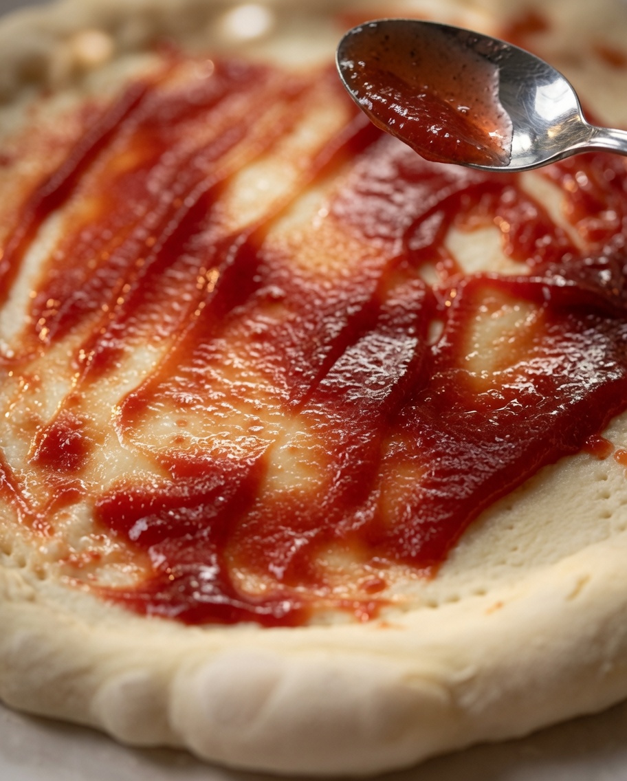 Tomatensauce wird mit einem Löffel auf dem runden Pizzateig verteilt.