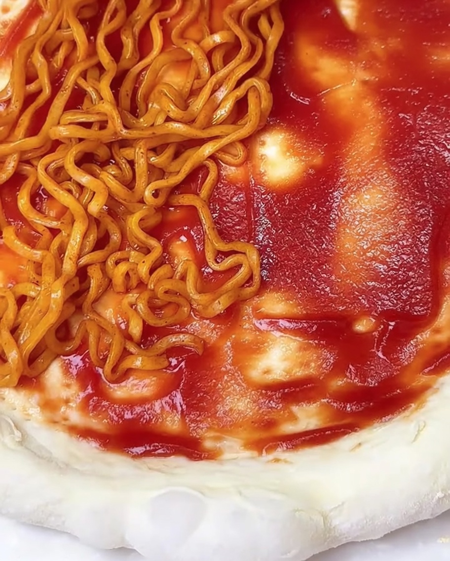 Nahaufnahme einer mit Tomatensauce bestrichenen Pizza, belegt mit Ramen und Algen.