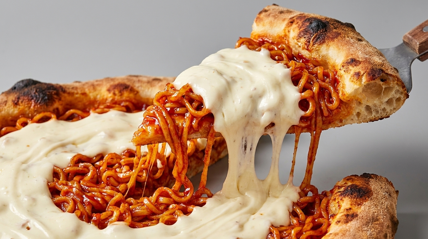 Buldak Ramen Pizza mit Käse-Sahne-Haube