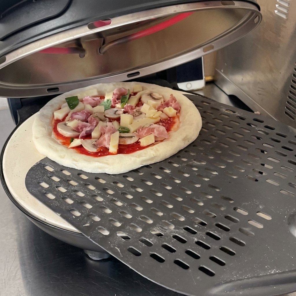 Tomatensoße wird mit einem Löffel auf dem rohen Pizzateig verteilt.