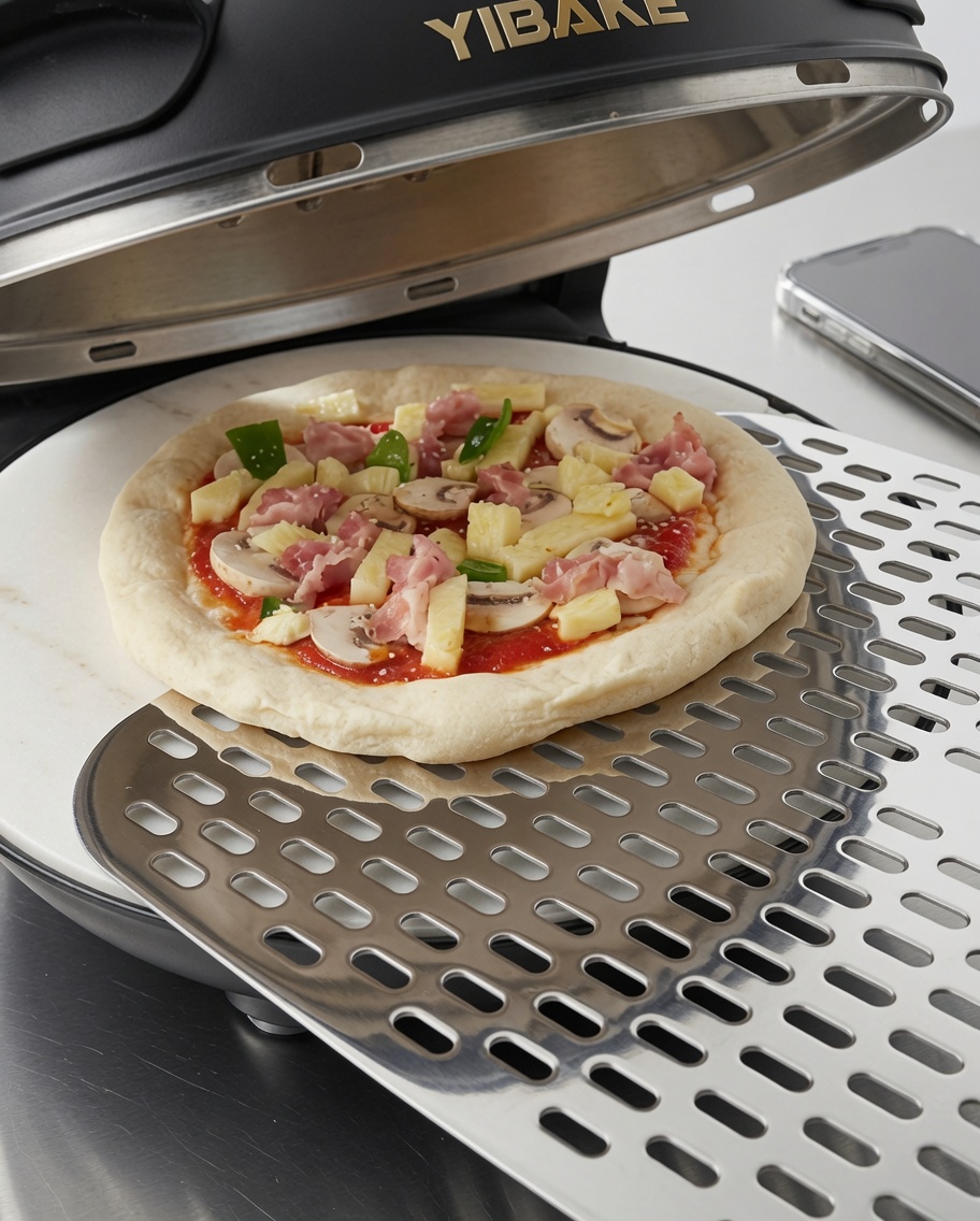 Pizzateig belegt mit Paprika, roten Zwiebeln, Pilzen und Schweinswurst.