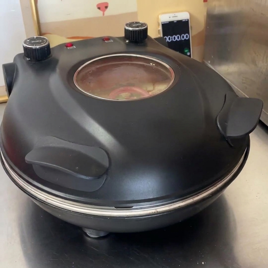 Der Deckel eines Yibake-Pizzaofens wird geschlossen, um die Pizza zu backen.