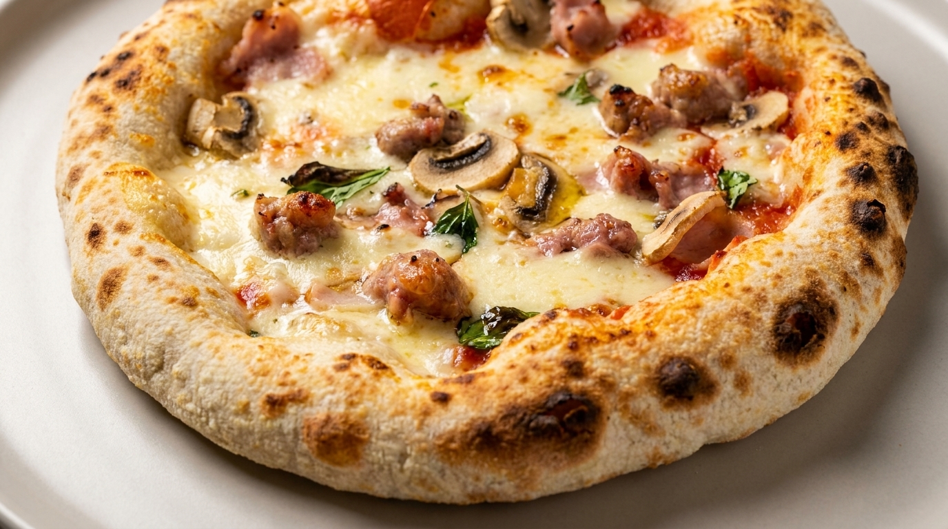 Gourmet-Pizza mit Pilzen, Schinken und Schweinswurst
