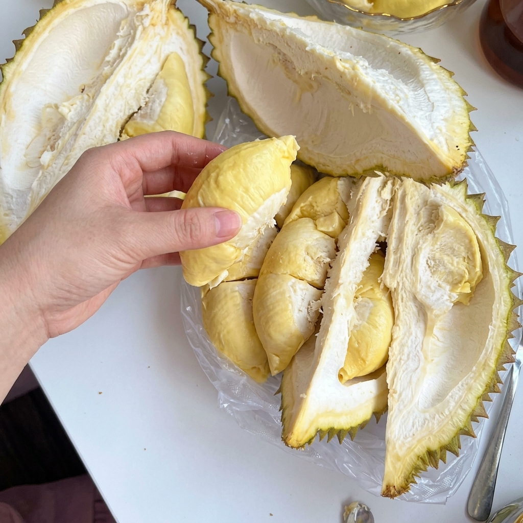 Stücke von Durian-Fruchtfleisch in einer Glasschüssel.