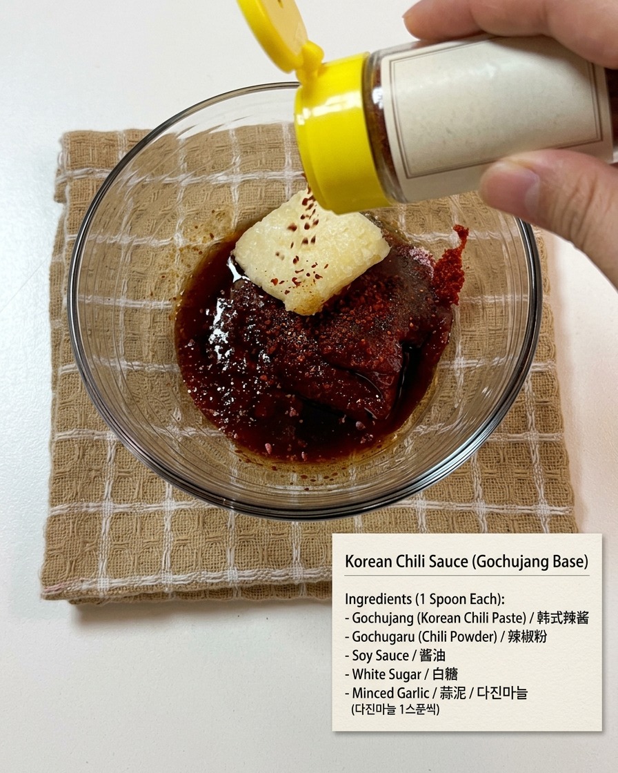 Die Zutaten für die Gochujang-Soße werden in einer Glasschüssel vermischt.