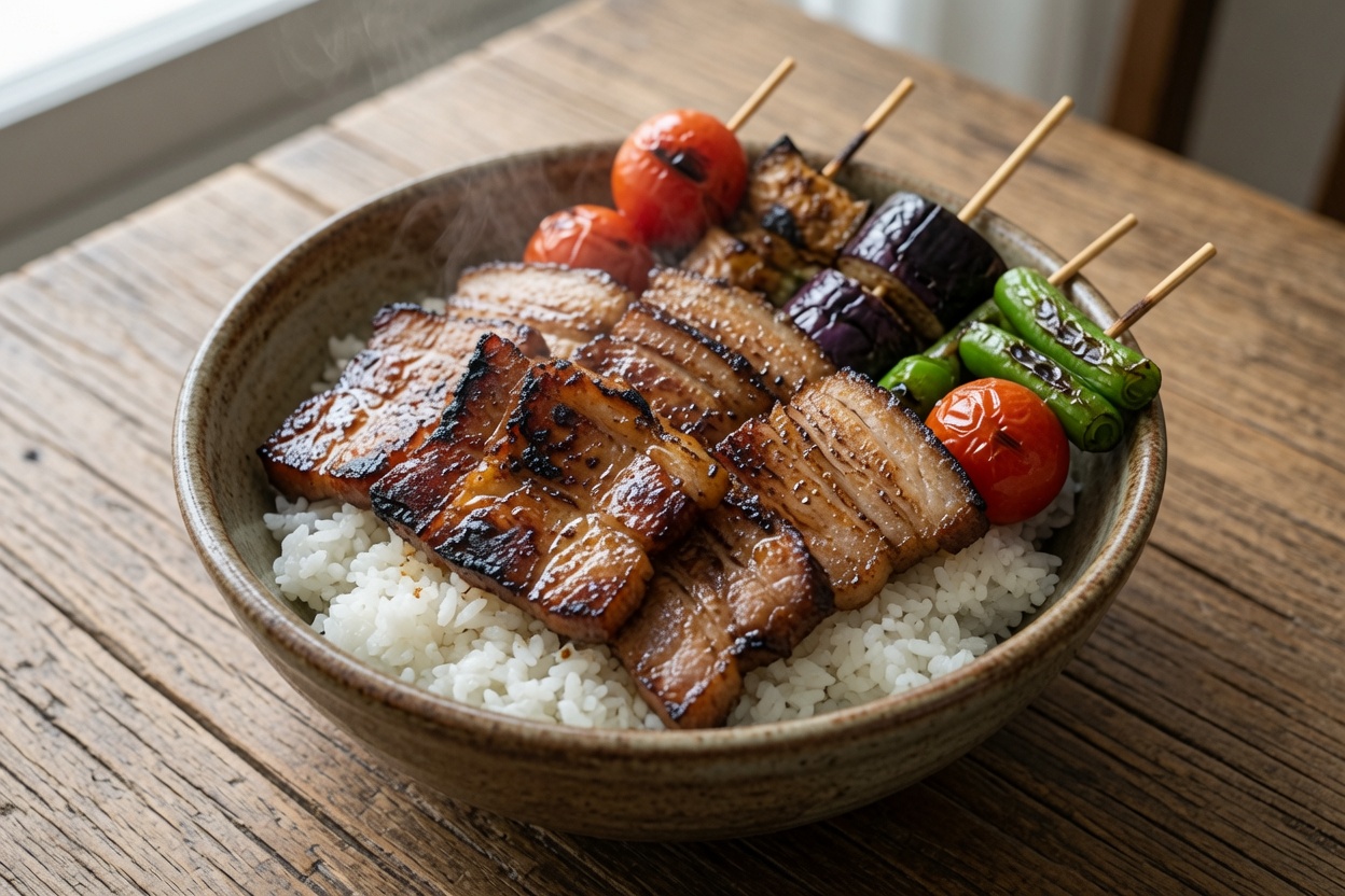 Koreanische Reis-Bowl mit gegrilltem Schweinefleisch