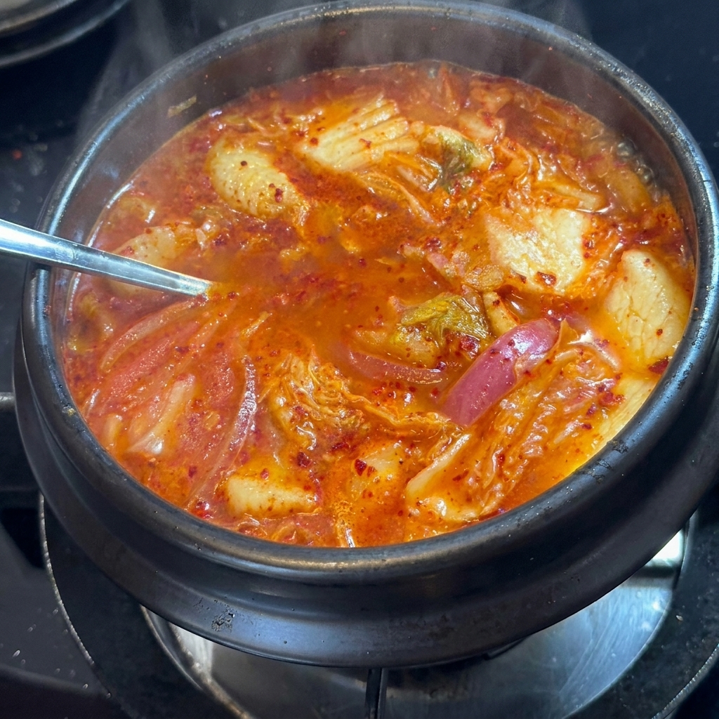 Ein Löffel Zucker wird in den köchelnden Kimchi-Eintopf gegeben.