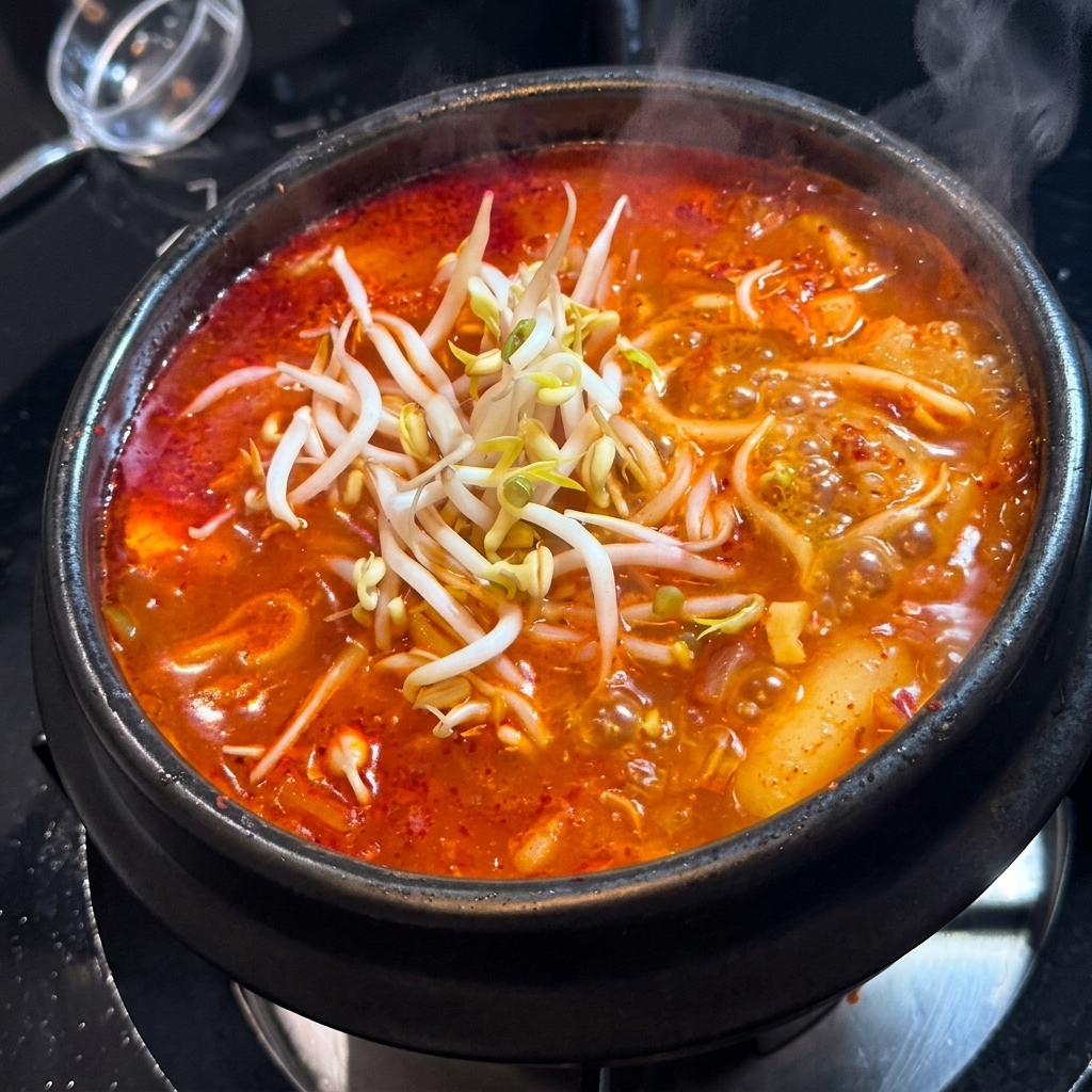 Frische Sojasprossen werden oben auf den kochenden Kimchi-Eintopf gegeben.