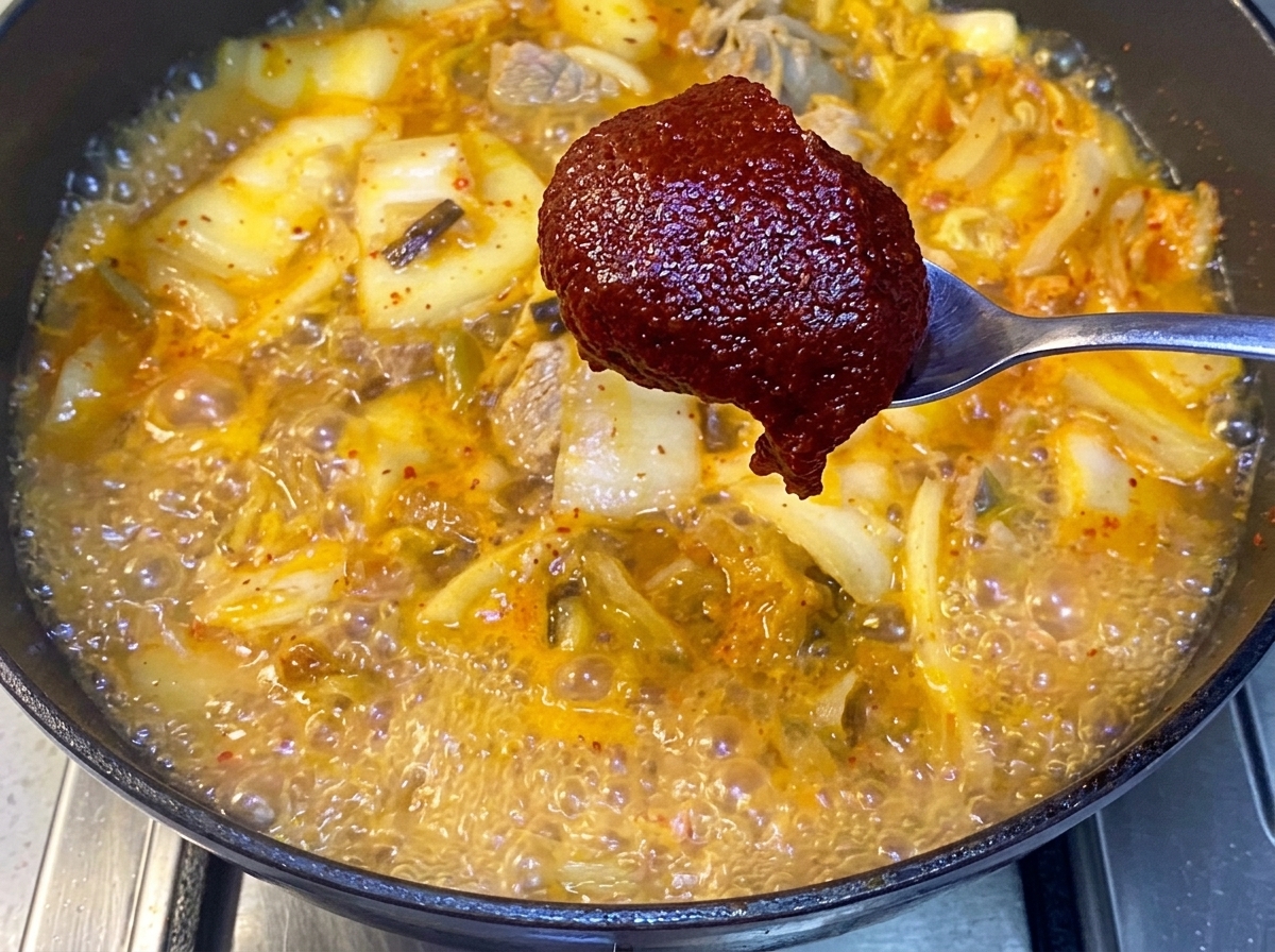 Koreanische Chilipaste wird mit einem Löffel in den blubbernden Eintopf gerührt.