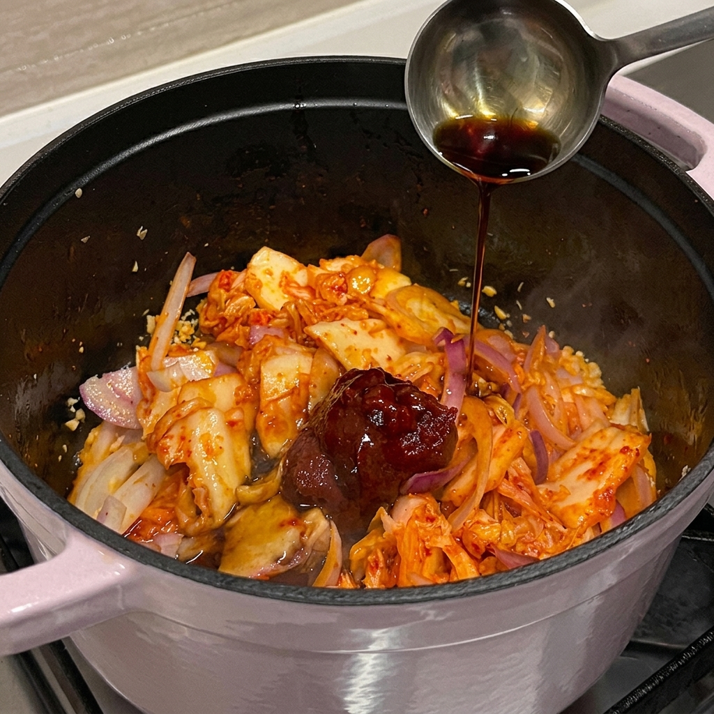 Eine Metallkelle gießt dunkle Würzsauce in den Topf.