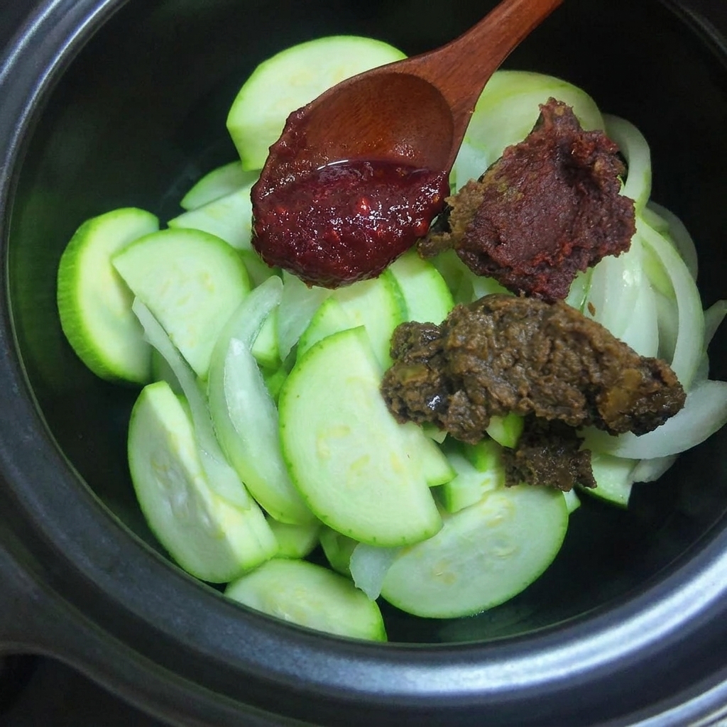 Zwei Löffel dunkle Sojabohnenpaste und ein Löffel rote Chilipaste auf dem rohen Gemüse im Topf.