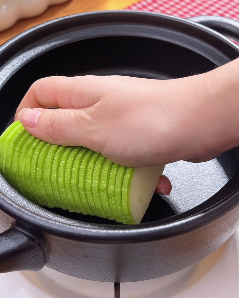Ein großer Löffel koreanische Sojapaste wird in den Topf gegeben.