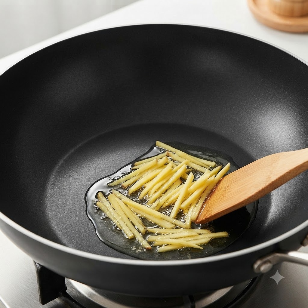 Geraspelter Ingwer brutzelt in heißem Öl in einem dunklen Wok.