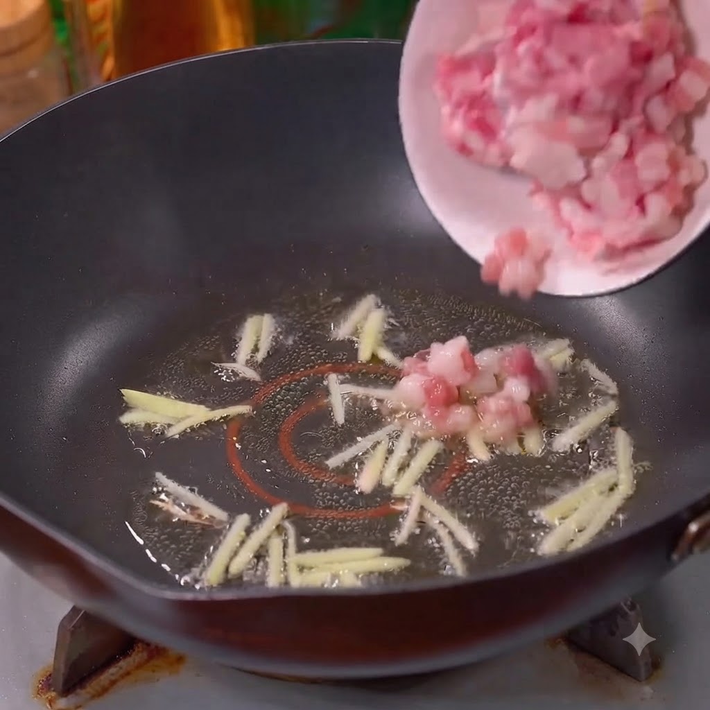 Schweinehackfleisch gleitet aus einer Schüssel in den Wok zum Ingwer.