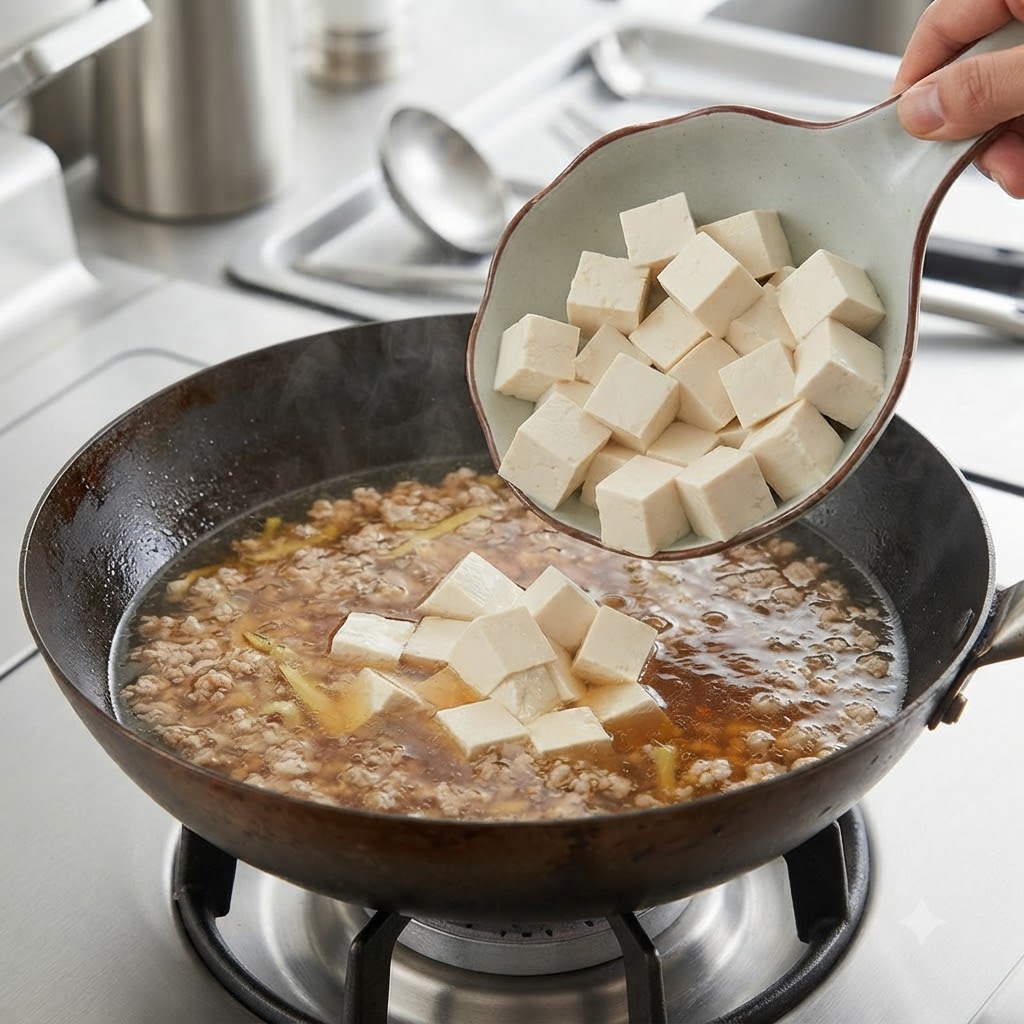 Tofuwürfel gleiten in die köchelnde Suppenbrühe.