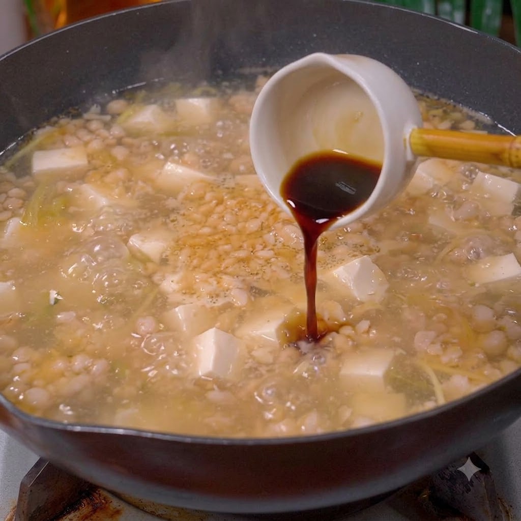 Helle Sojasauce wird aus einer kleinen weißen Kelle in einen köchelnden Wok mit Suppe, Tofu und Hackfleisch gegossen.