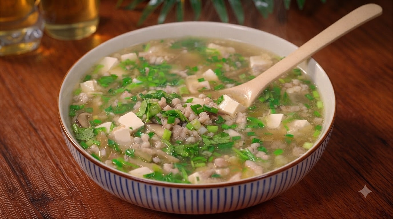 Hackfleisch-Tofu-Suppe mit saurem Senfkohl
