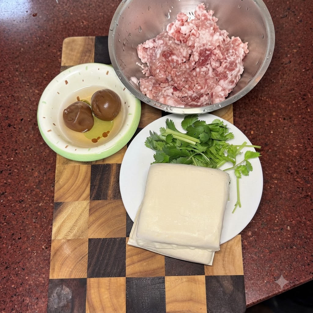 Schweinehackfleisch und Salzpflaumen werden gemeinsam auf einem Holzbrett gehackt, daneben liegen Tofu und Koriander.