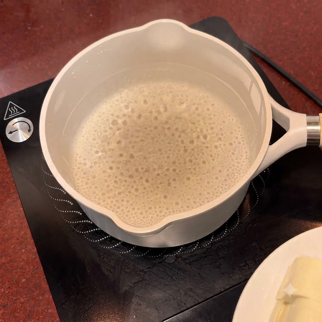 Tofustücke köcheln in einem Topf mit kochendem Wasser auf einem schwarzen Induktionsherd.