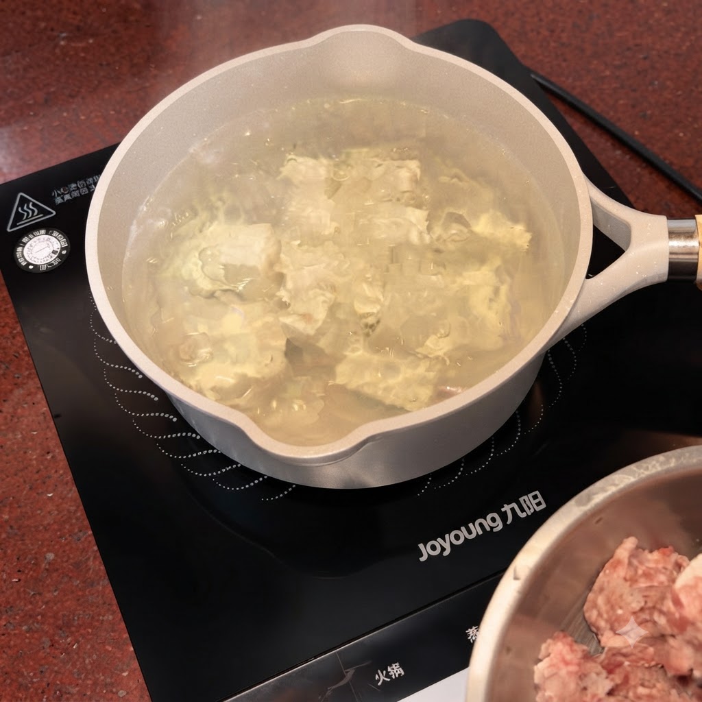 Einzelne Stücke der Schweinehackfleisch-Mischung werden mit einem Löffel in den kochenden Topf mit Tofu und Wasser gegeben.