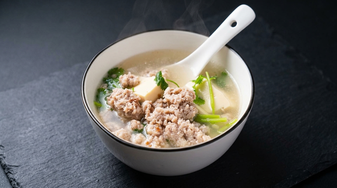 Wohltuende Salzpflaumen-Tofu-Suppe mit Schweinehackbällchen