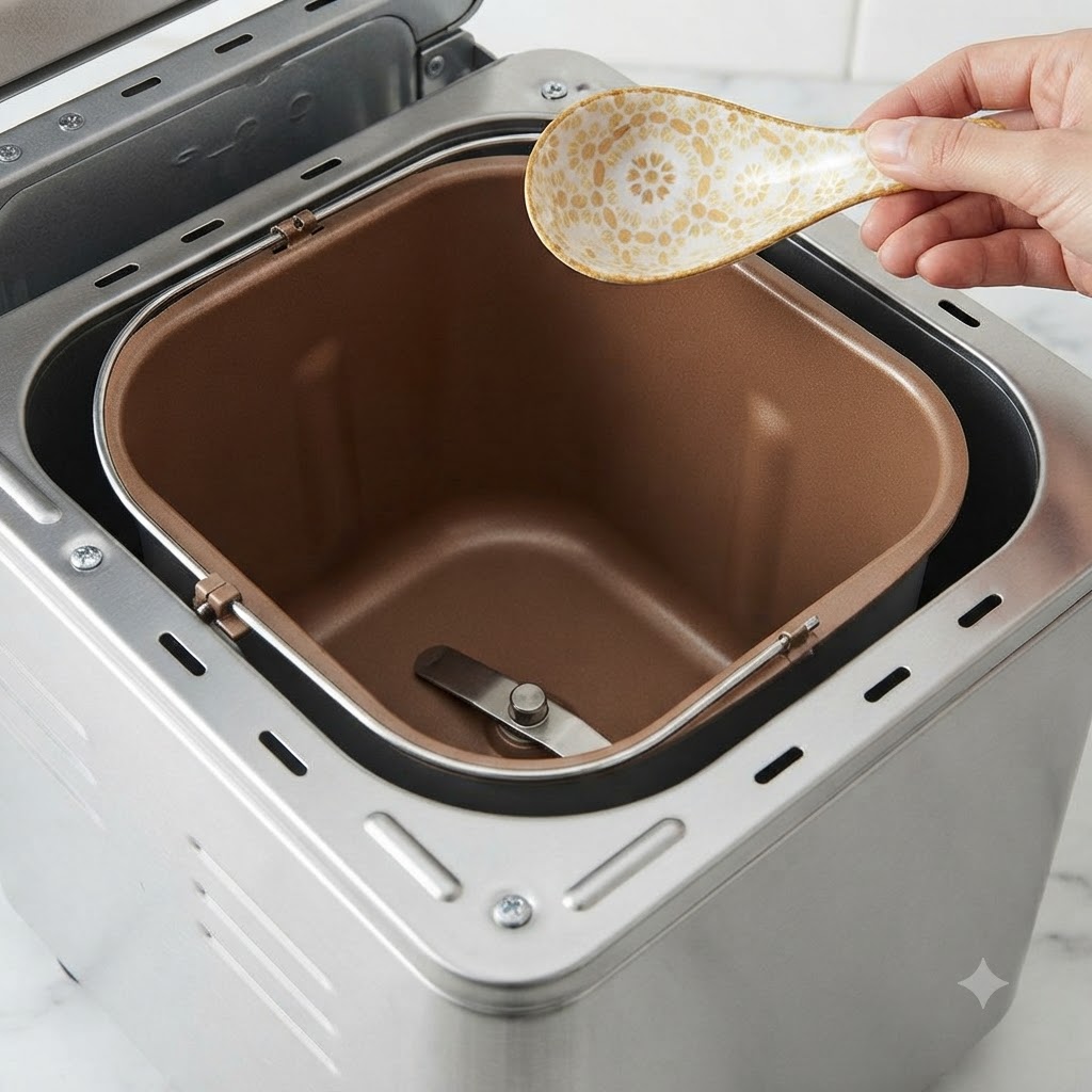 Ein Keramiklöffel hält Zutaten über den inneren Behälter eines Brotbackautomaten.