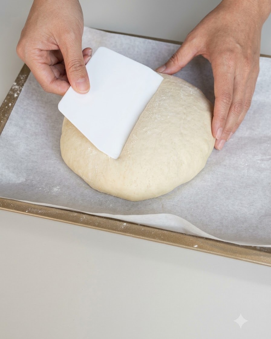 Hände verwenden einen weißen Teigschaber aus Kunststoff, um einen Teighaufen auf Backpapier zu formen.