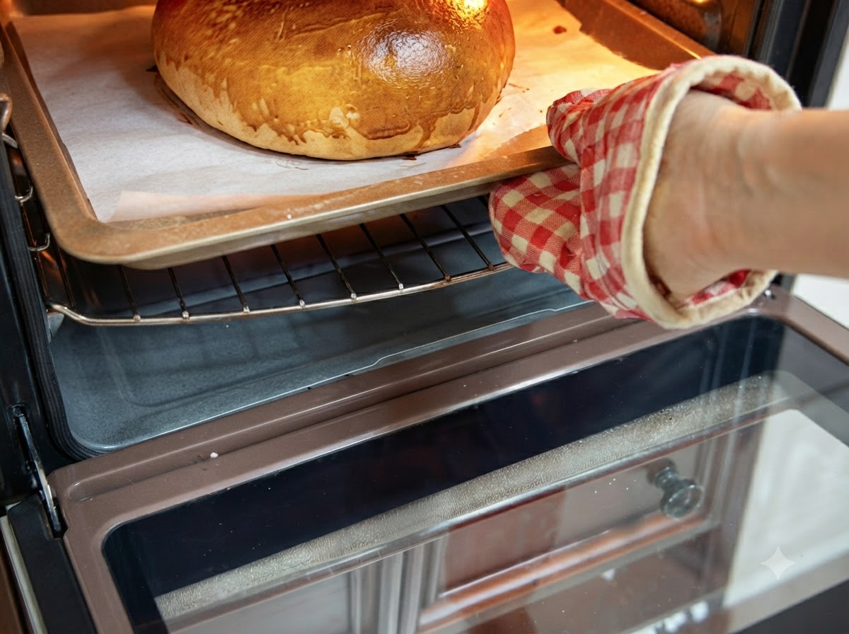 Ein goldbraun gebackenes Riesen-Burgerbrötchen auf einem Backblech wird aus dem Ofen genommen.