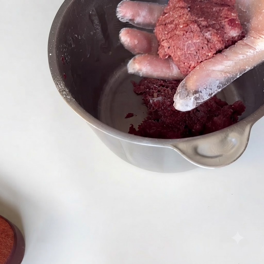 Eine handgeschmierte Hand knetet und wirft gewürztes Hackfleisch in einer Edelstahlschüssel.